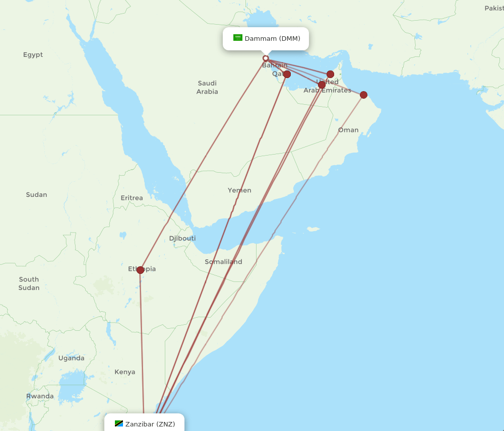Zanzibar - Dammam route map and flight paths