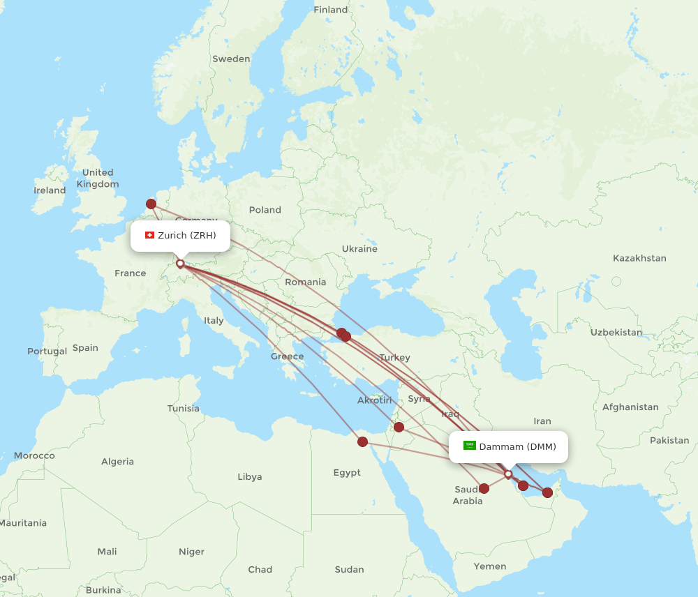 Zurich - Dammam route map and flight paths