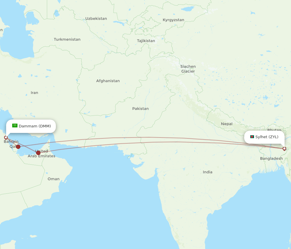 Sylhet - Dammam route map and flight paths