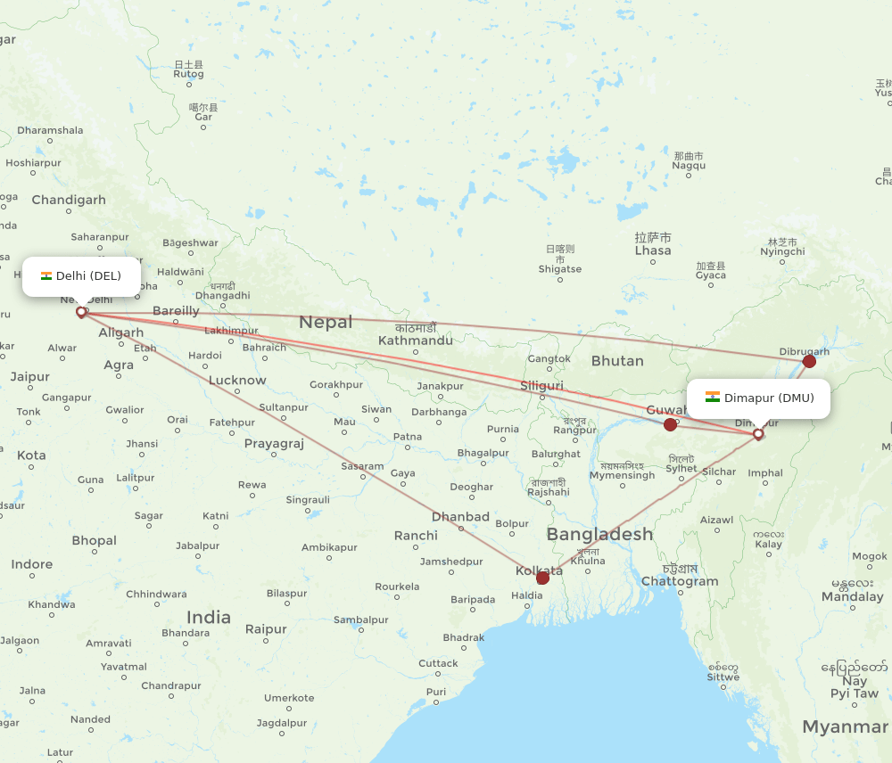 DMU to DEL flights and routes map