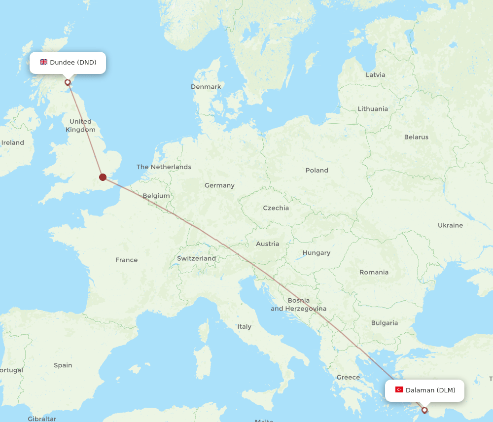 Dalaman - Dundee route map and flight paths