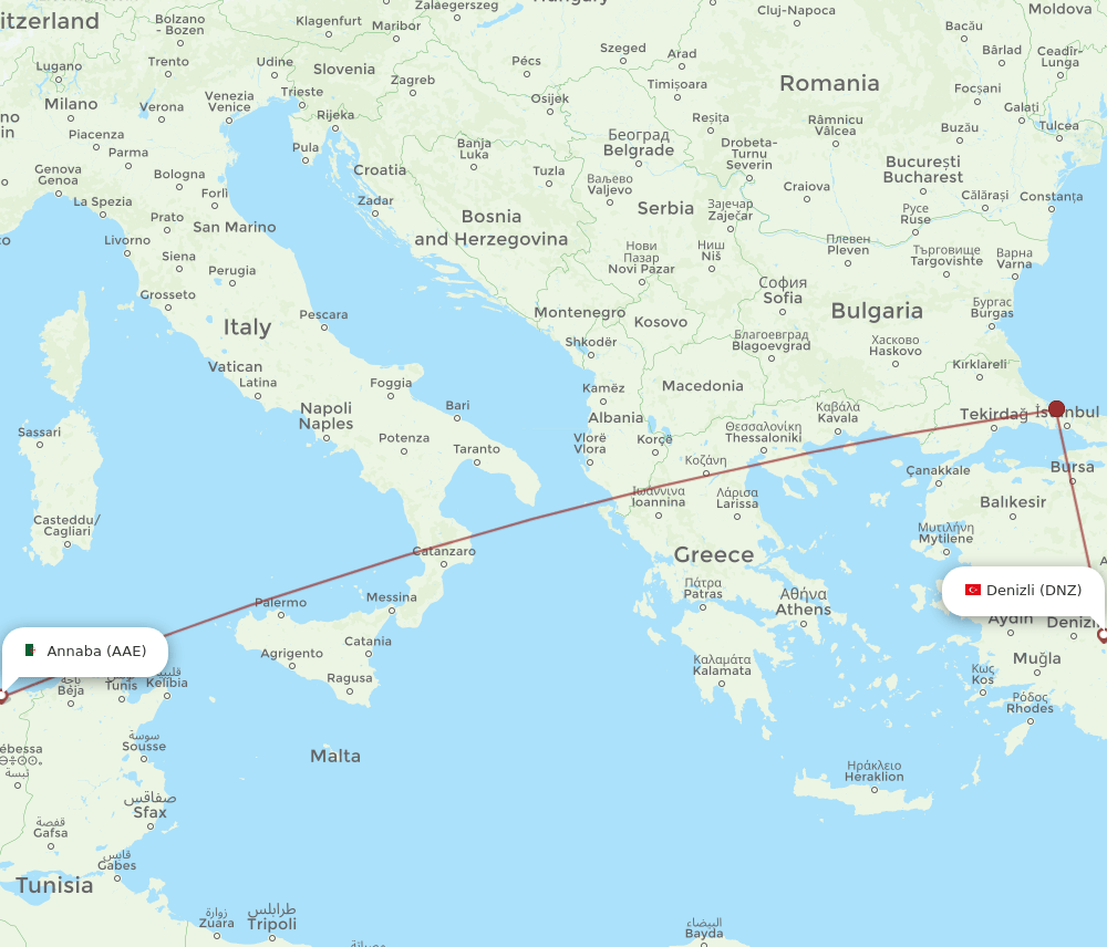 Annaba - Denizli route map and flight paths
