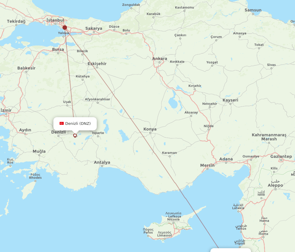 Beirut - Denizli route map and flight paths