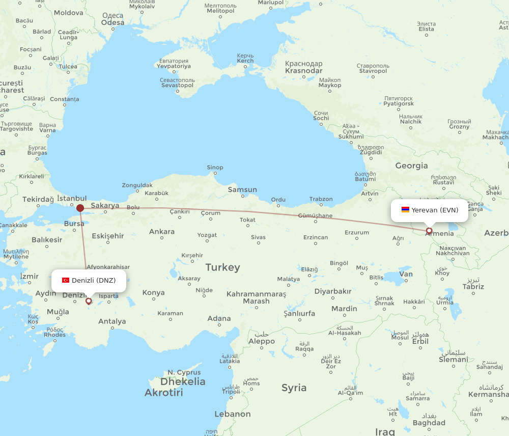 Yerevan - Denizli route map and flight paths