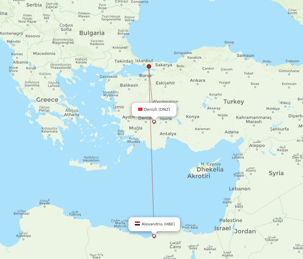 Alexandria - Denizli route map and flight paths