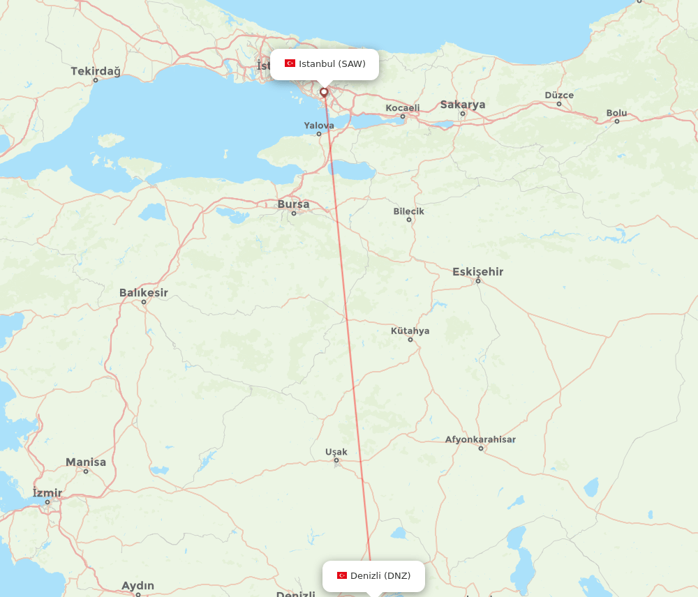 Denizli - Istanbul route map and flight paths