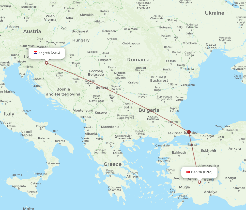Zagreb - Denizli route map and flight paths