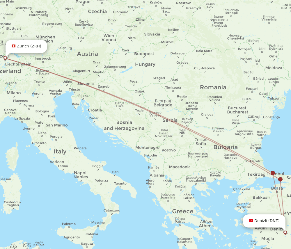 ZRH to DNZ flights and routes map