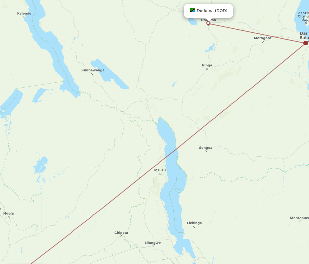 Lusaka - Dodoma route map and flight paths