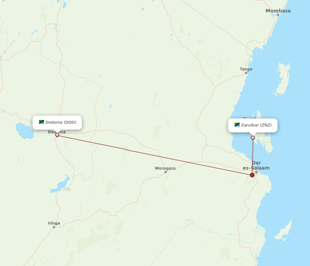 Zanzibar - Dodoma route map and flight paths