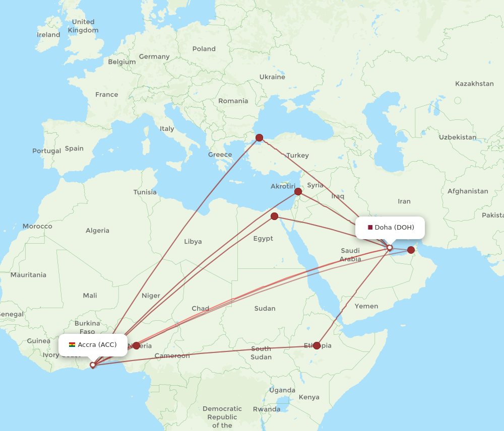 DOH to ACC flights and routes map