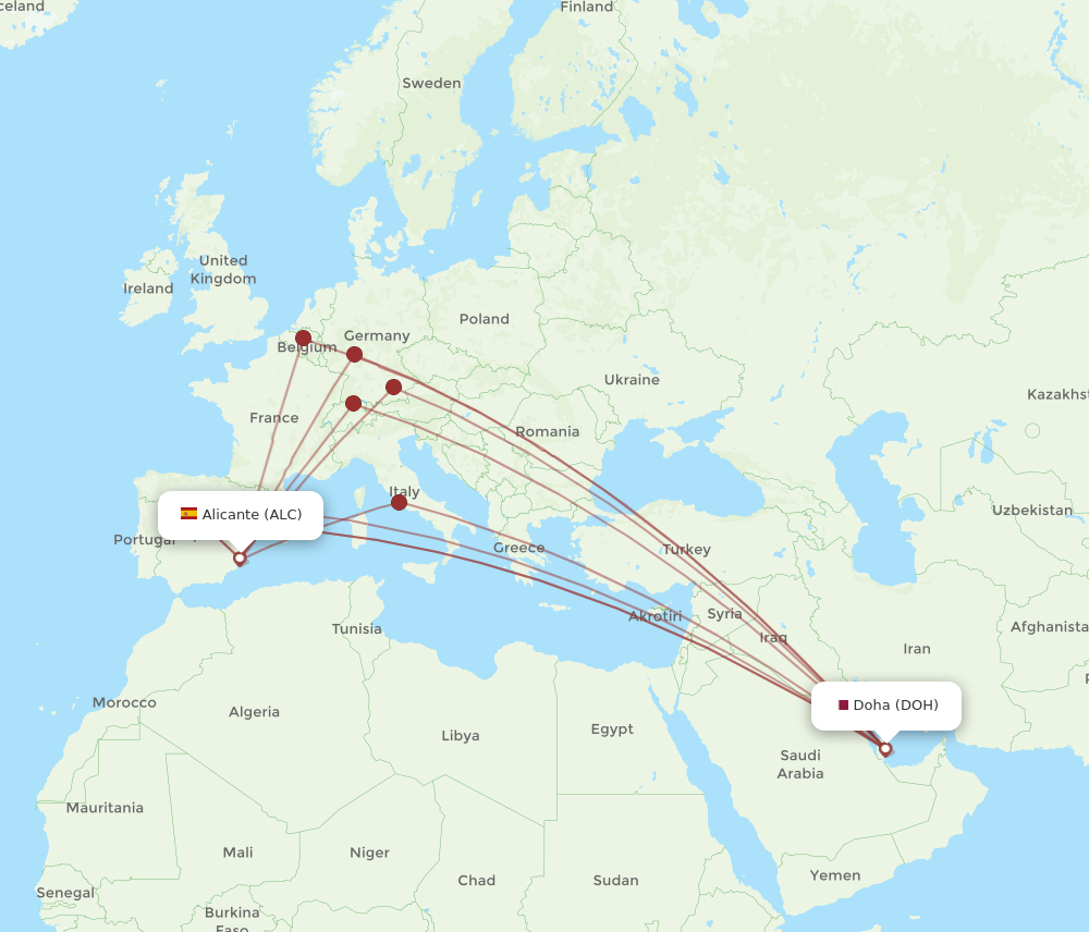 DOH-ALC flight routes