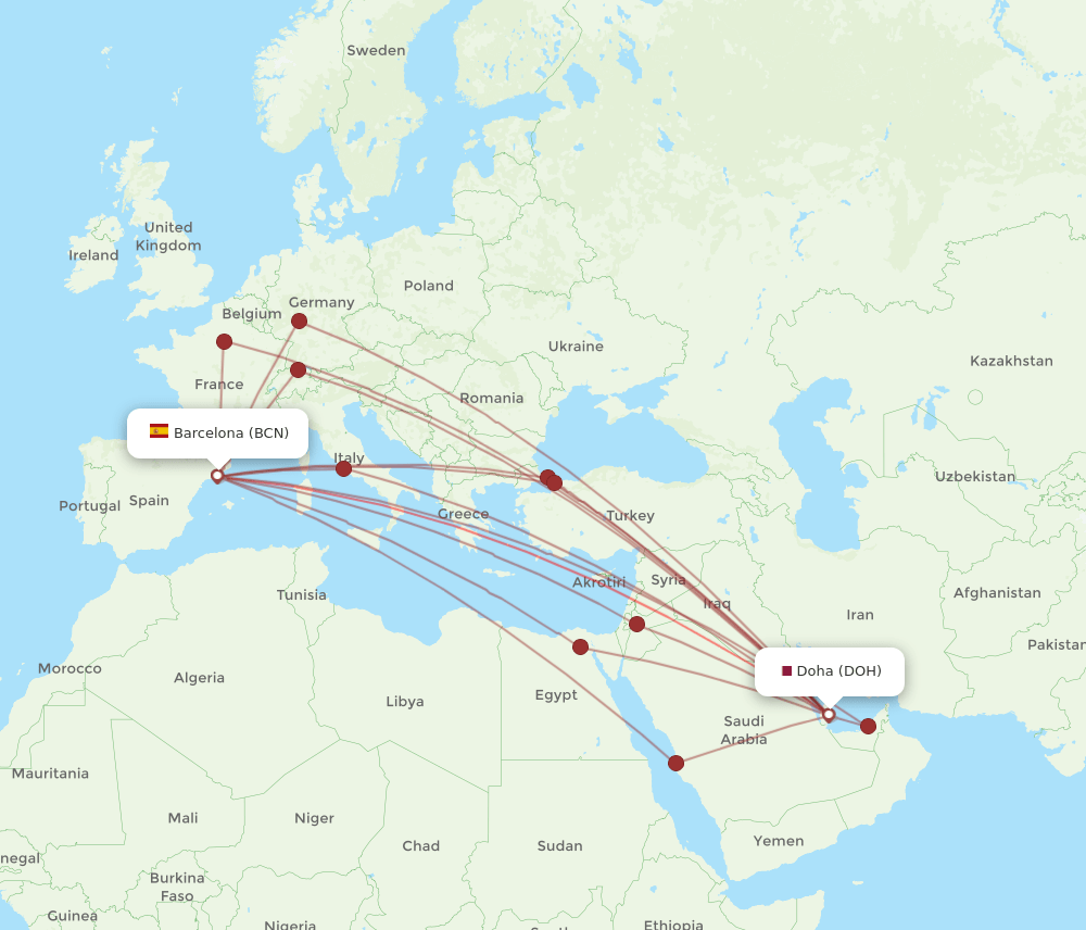 DOH-BCN flight routes
