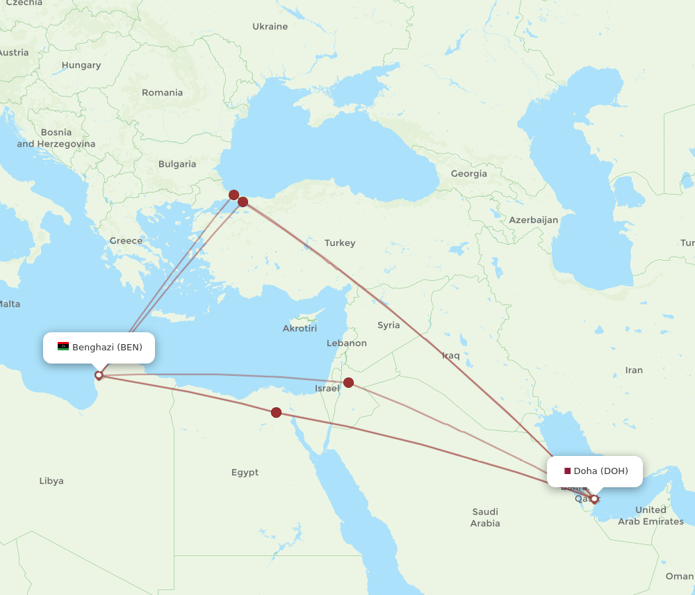 DOH to BEN flights and routes map