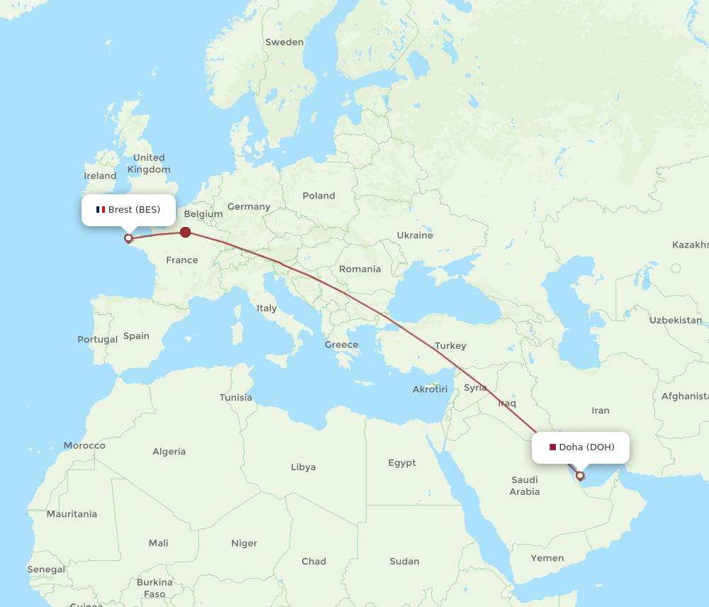 Doha - Brest route map and flight paths