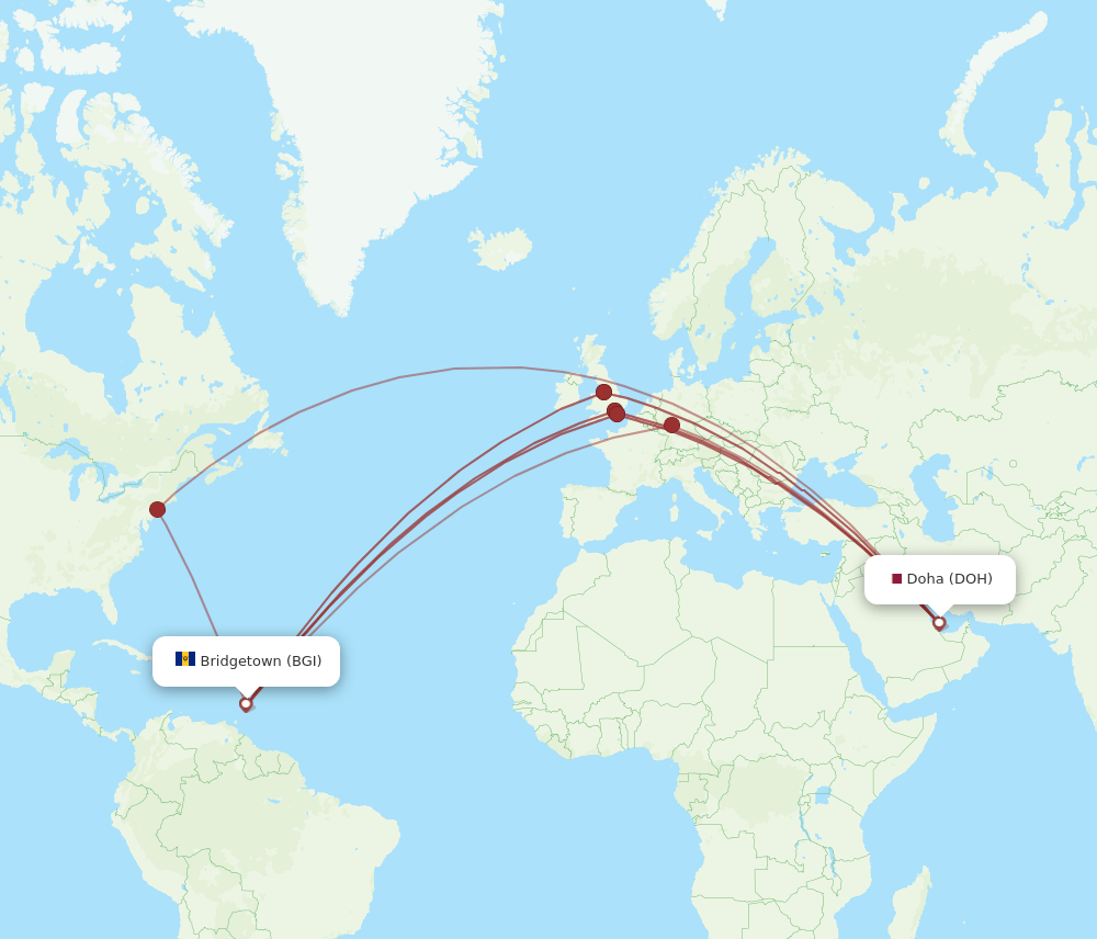 DOH to BGI flights and routes map