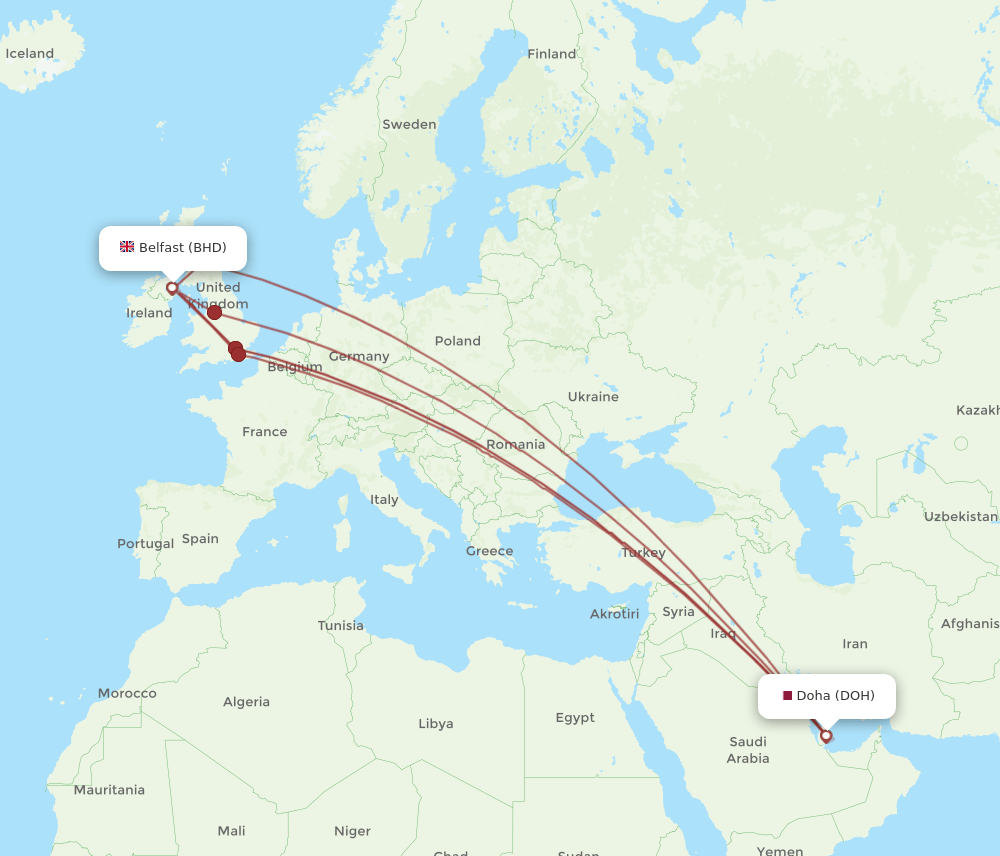 DOH to BHD flights and routes map