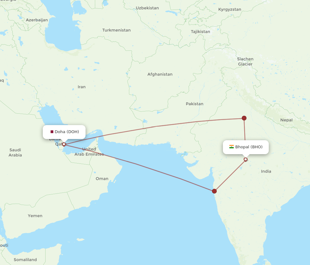 DOH to BHO flights and routes map