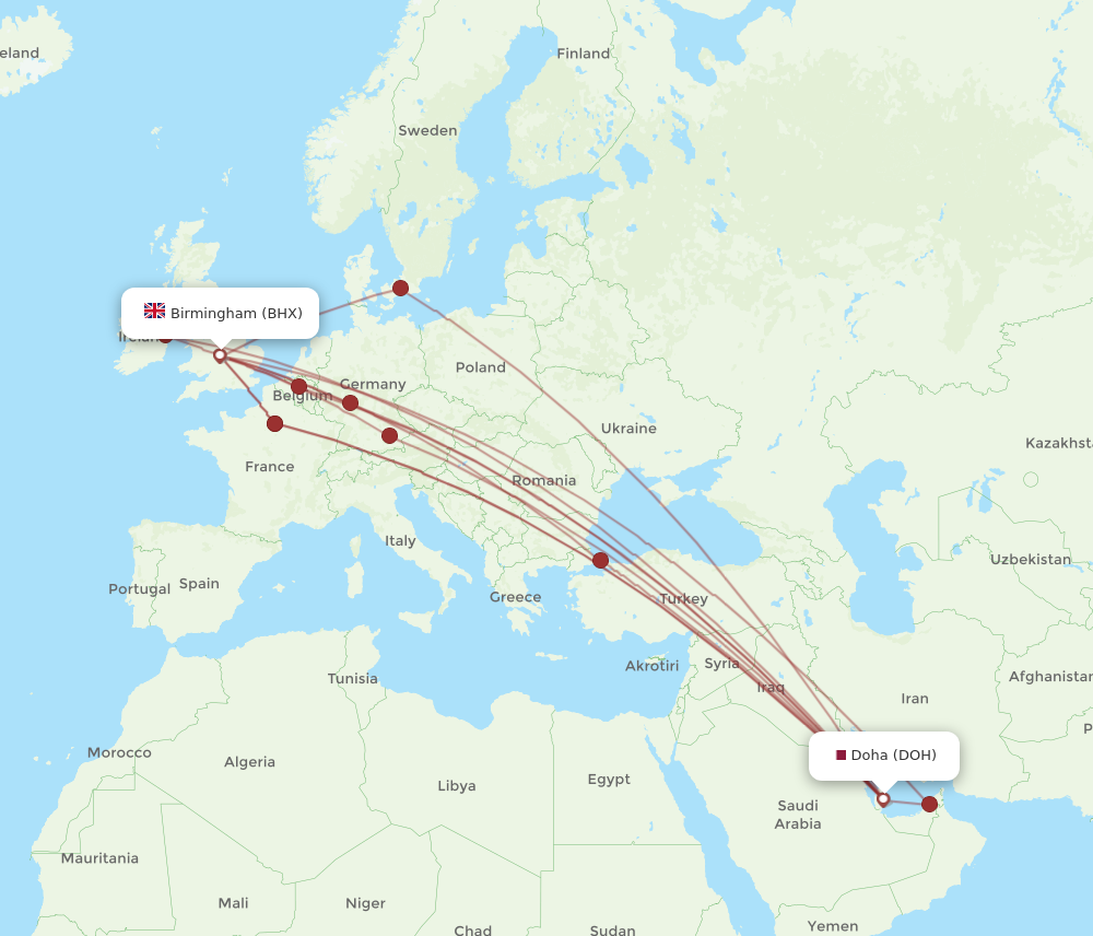 DOH to BHX flights and routes map