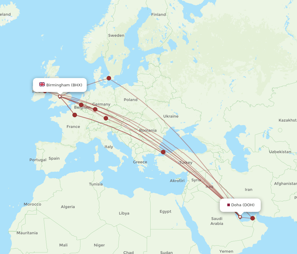 DOH-BHX flight routes