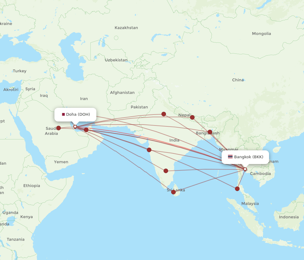 DOH to BKK flights and routes map