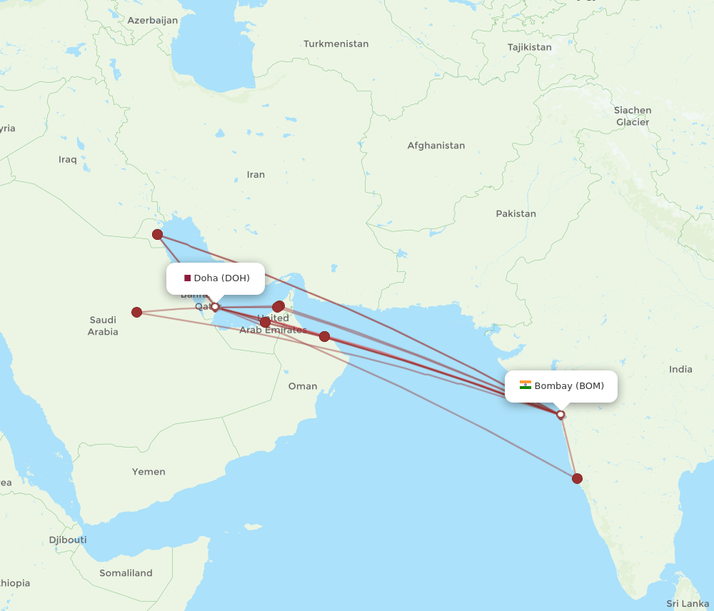 DOH-BOM flight routes