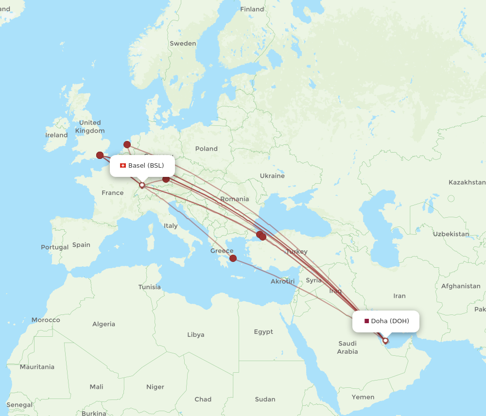 DOH to BSL flights and routes map