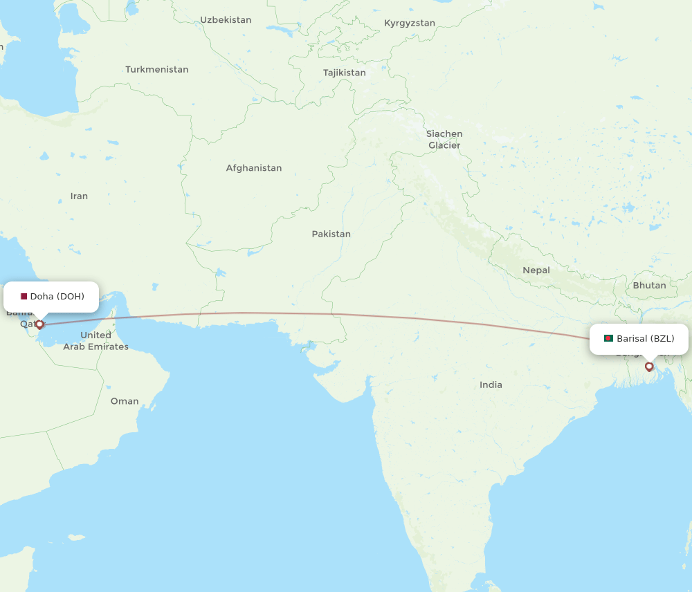 Doha - Barisal route map and flight paths