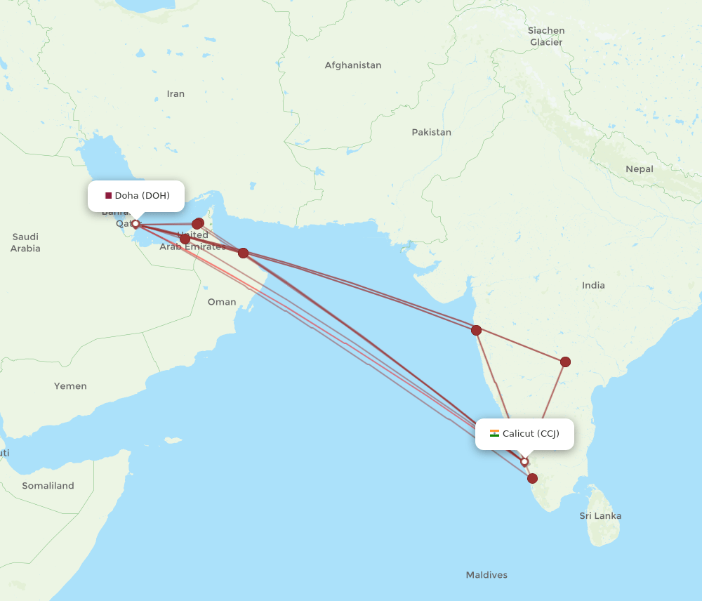 DOH to CCJ flights and routes map