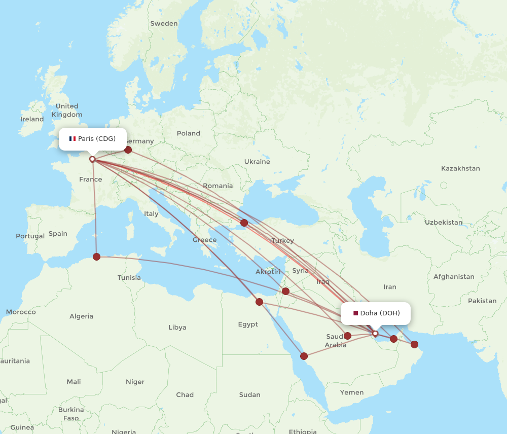 DOH to CDG flights and routes map