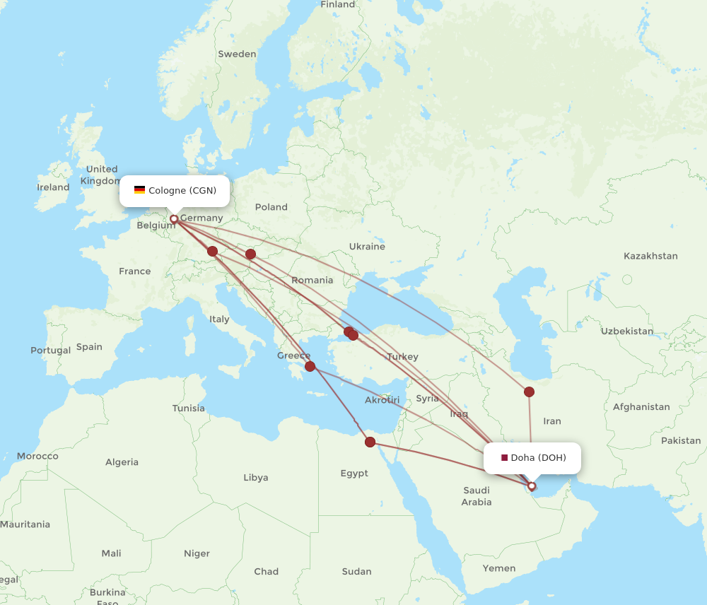 DOH to CGN flights and routes map