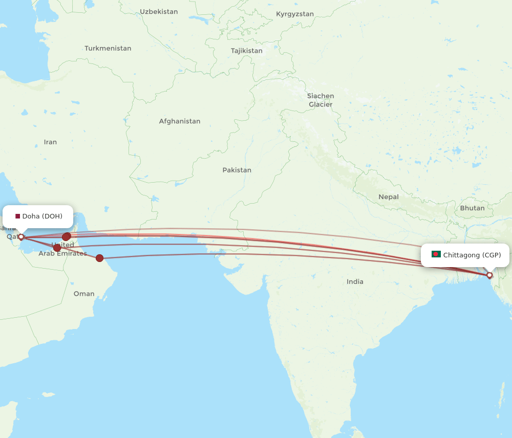 DOH to CGP flights and routes map