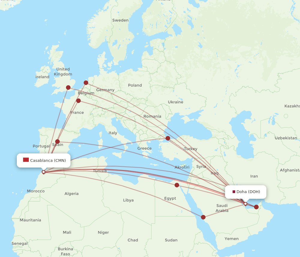 DOH-CMN flight routes