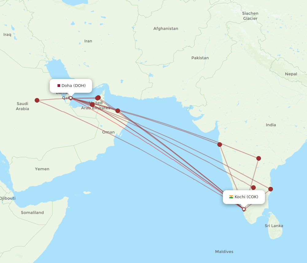 DOH-COK flight routes