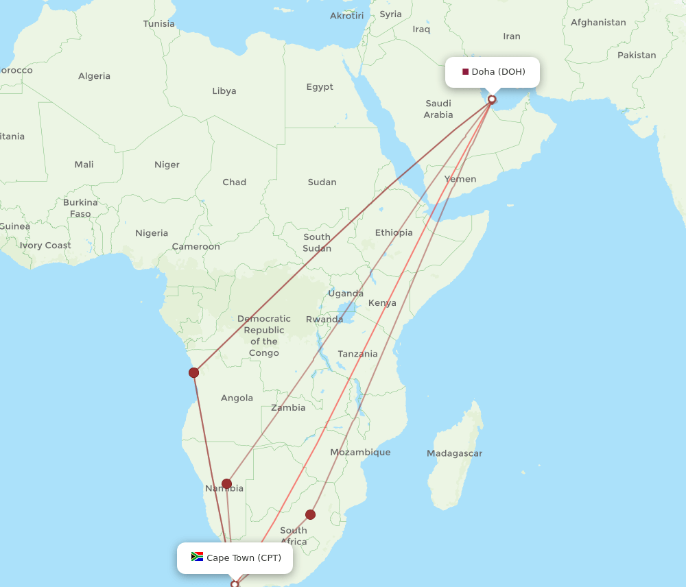 DOH to CPT flights and routes map