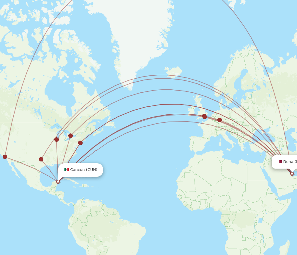 DOH-CUN flight routes