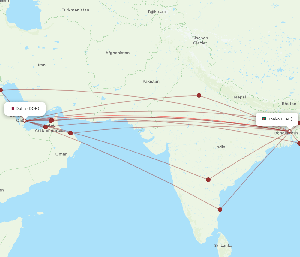 DOH to DAC flights and routes map