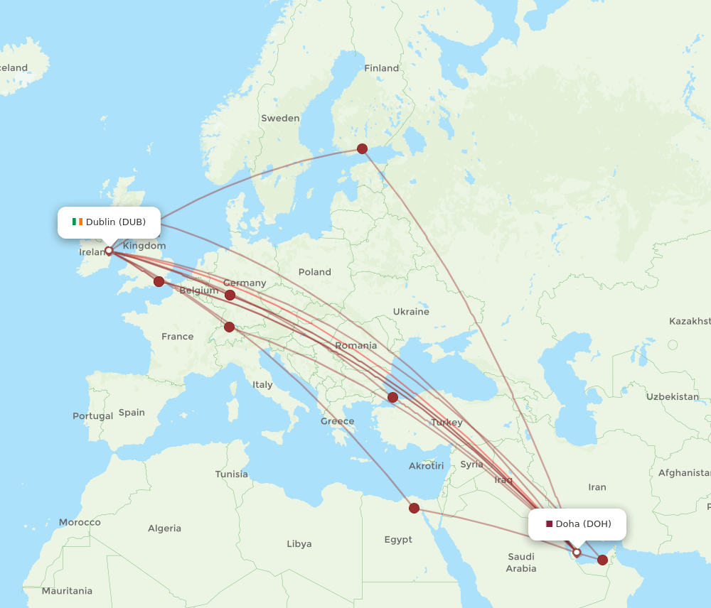 DOH to DUB flights and routes map