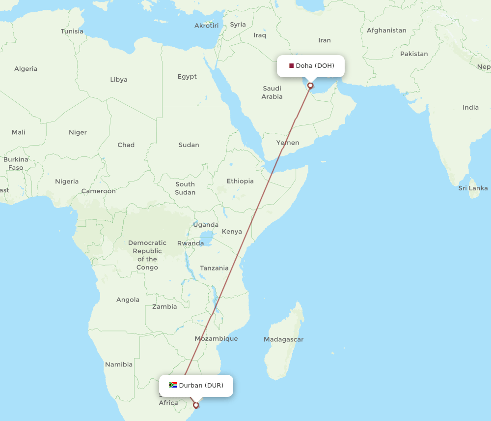 DOH to DUR flights and routes map