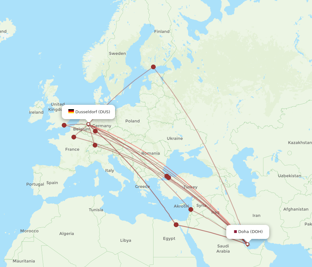 DOH to DUS flights and routes map