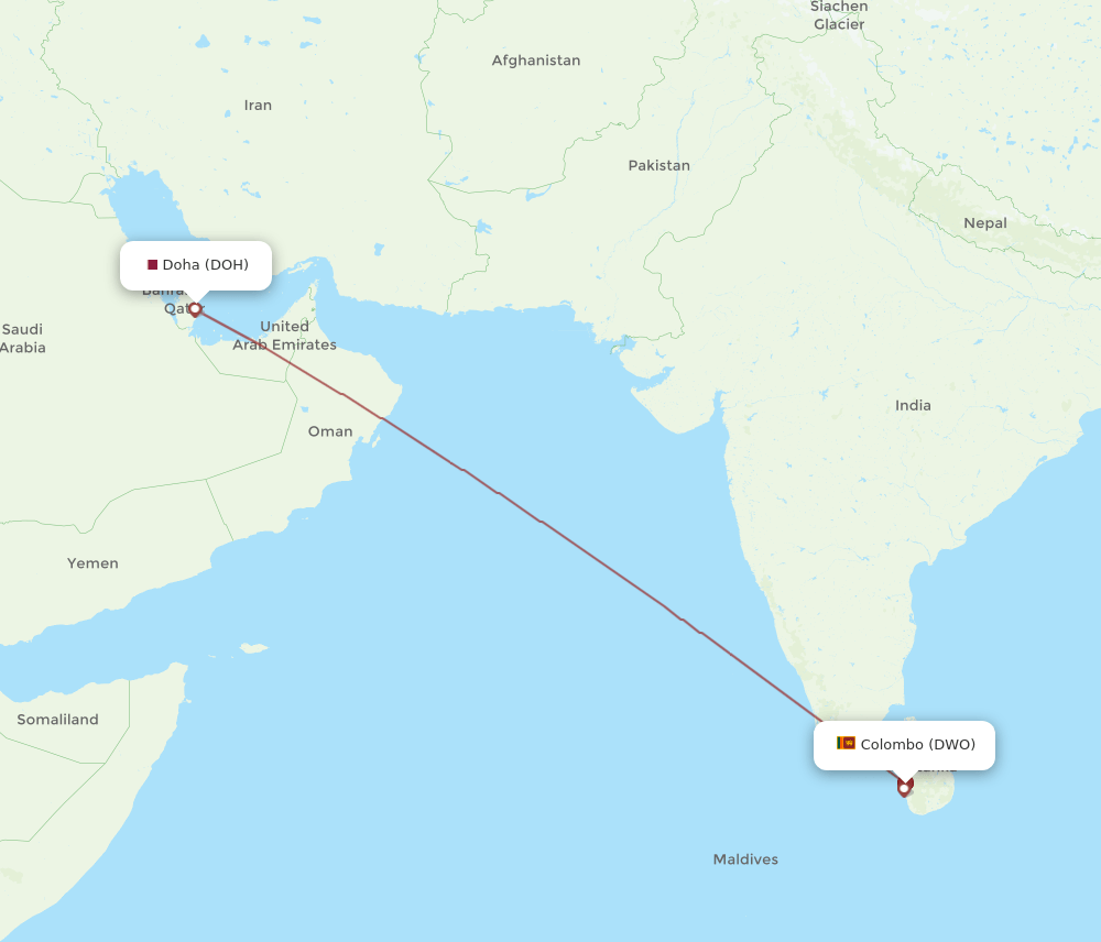 Doha - Colombo route map and flight paths
