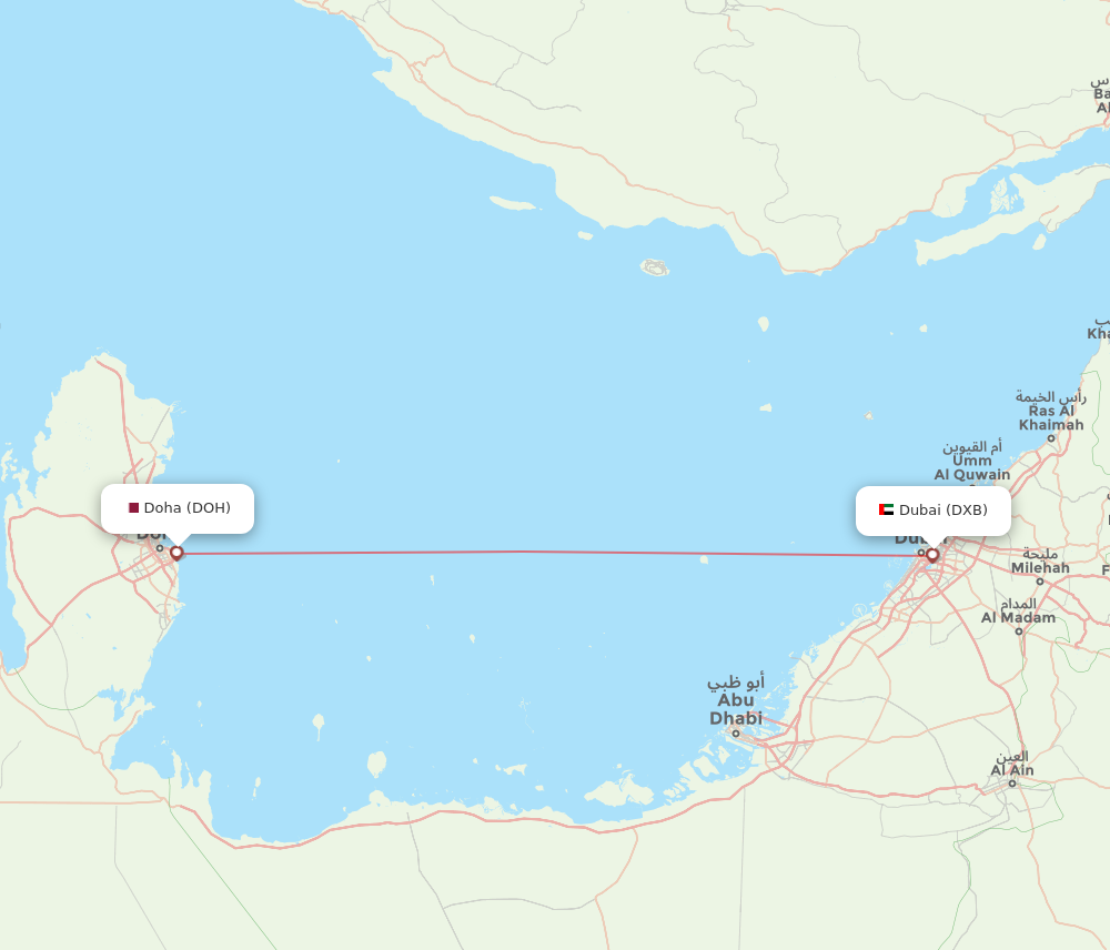 DOH to DXB flights and routes map