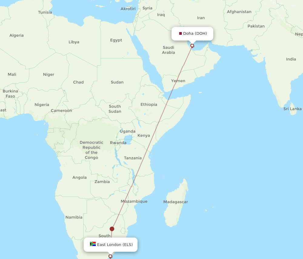 DOH to ELS flights and routes map