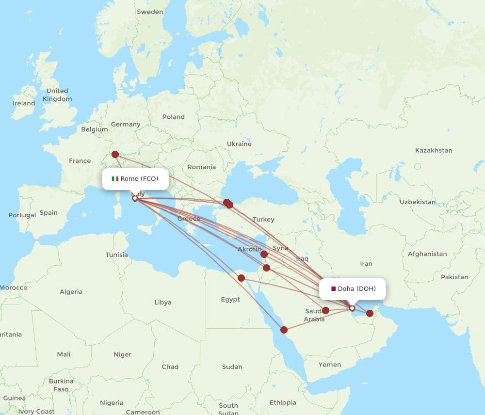 DOH to FCO flights and routes map