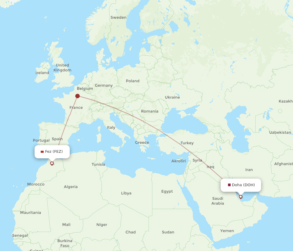 Doha - Fes route map and flight paths