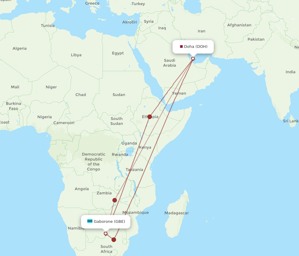 DOH-GBE flight routes