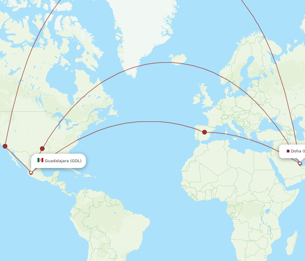DOH to GDL flights and routes map