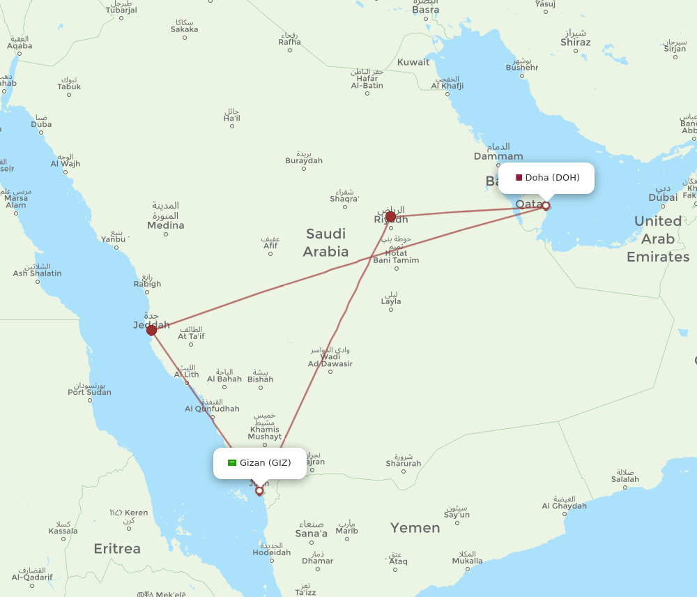 DOH to GIZ flights and routes map