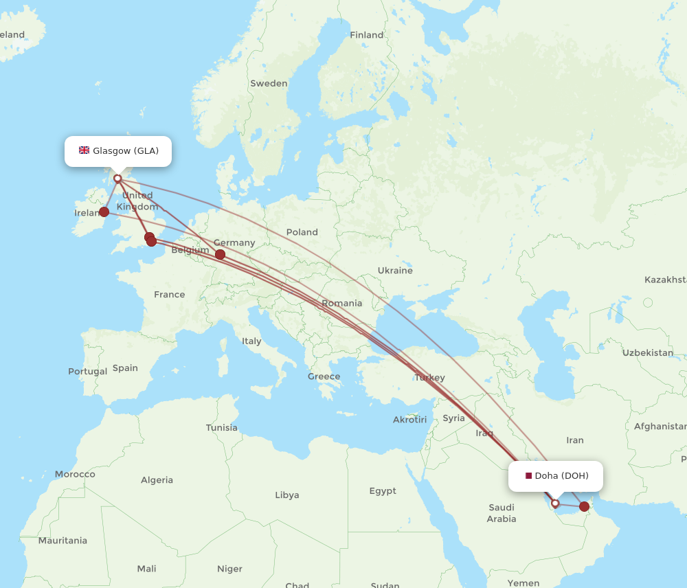 DOH to GLA flights and routes map