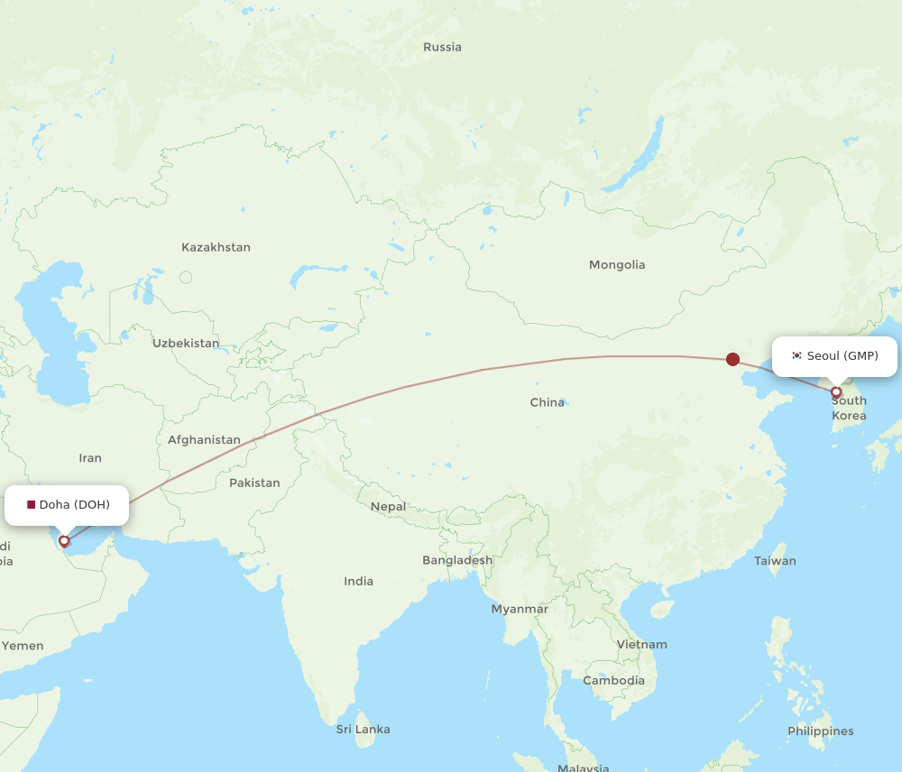 Seoul - Doha route map and flight paths